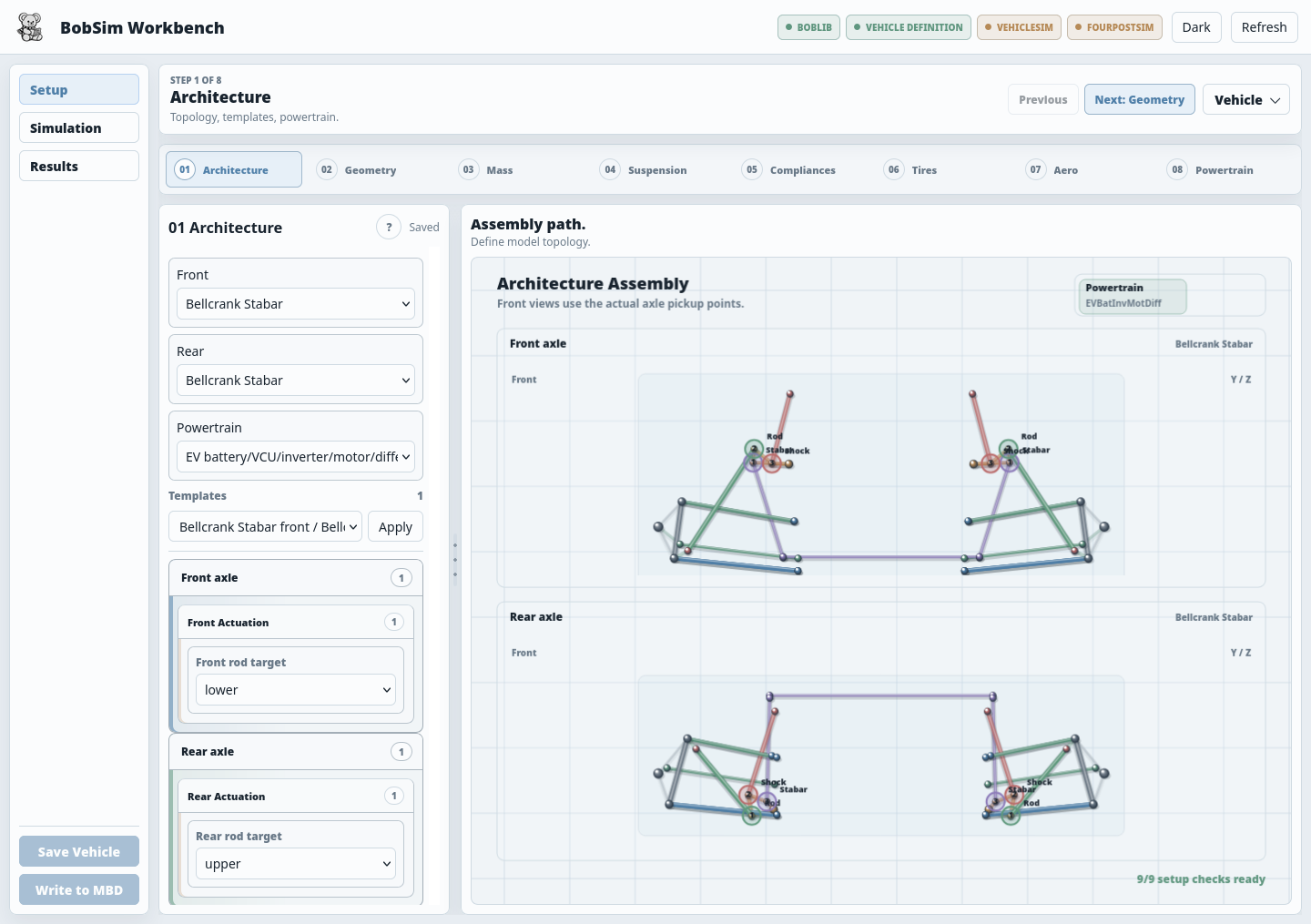 BobSim app Setup view with guided steps, vehicle controls, and architecture preview