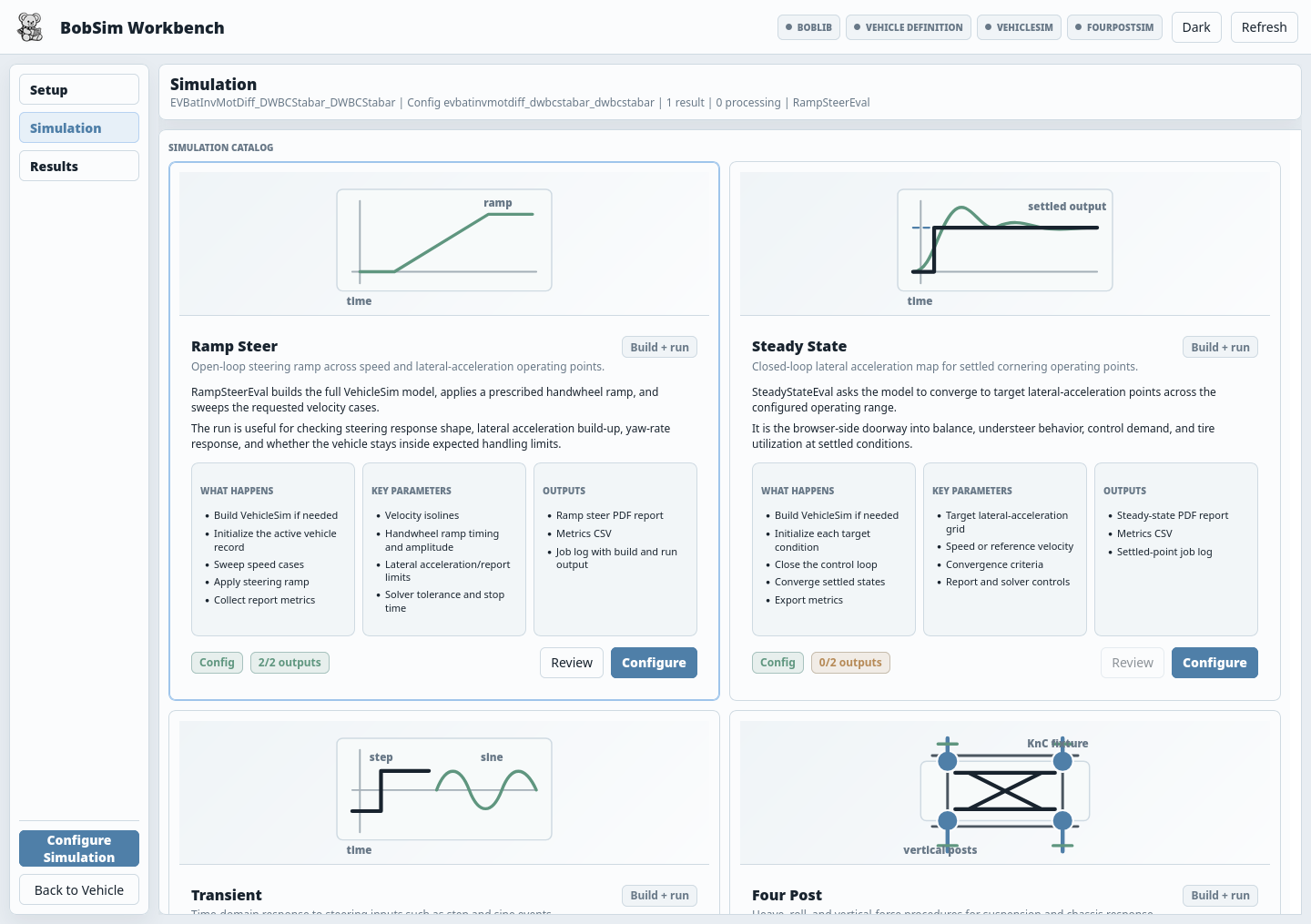 BobSim app Simulation catalog with standard workflow cards