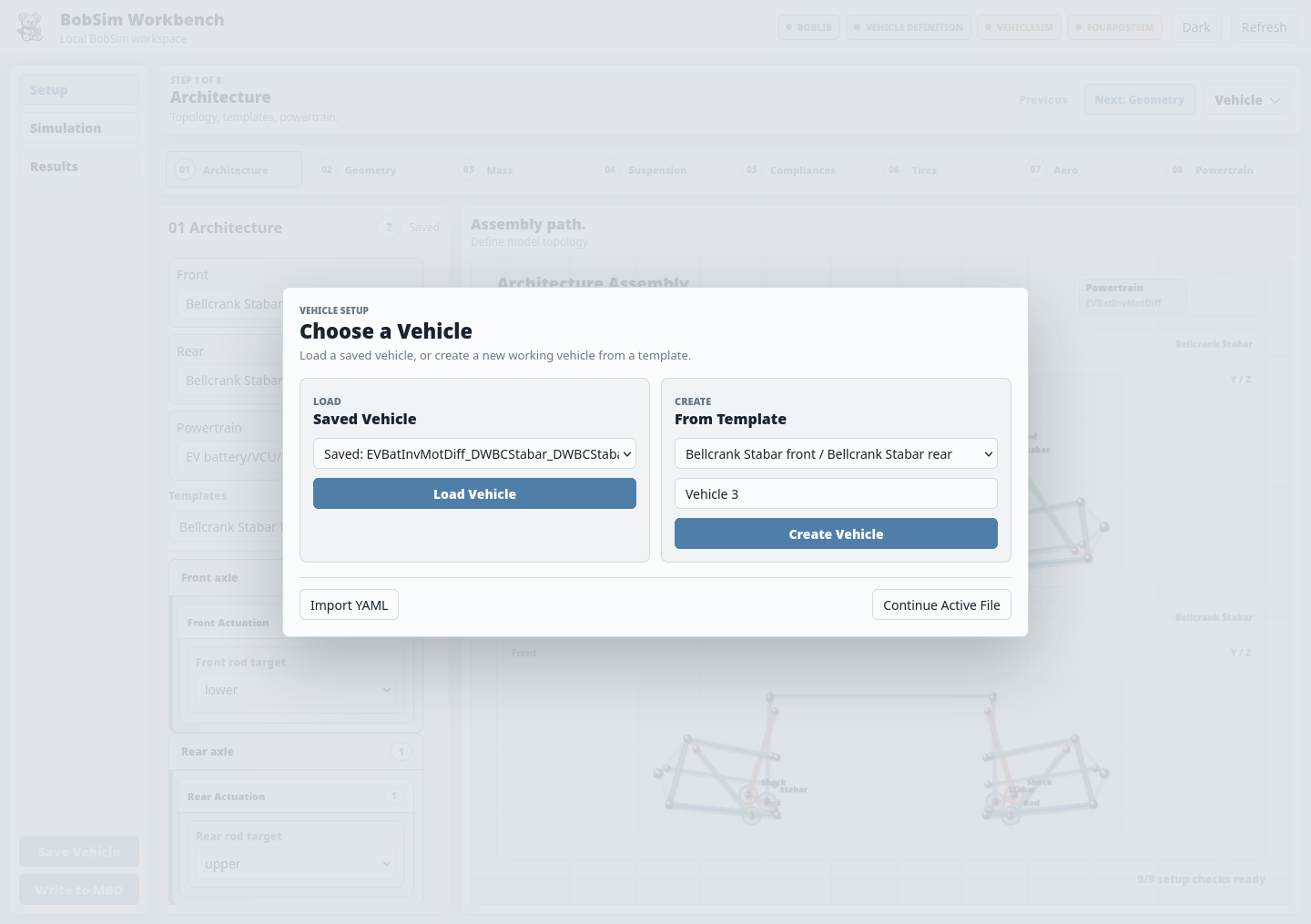 BobSim vehicle chooser dialog for loading, creating, importing, or continuing a vehicle