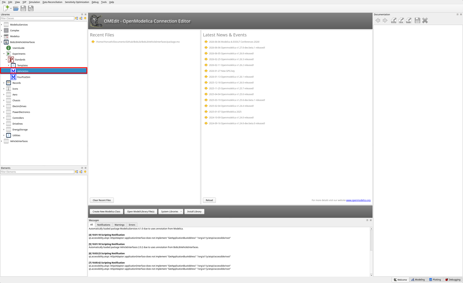 OMEdit Libraries browser with VehicleSim selected