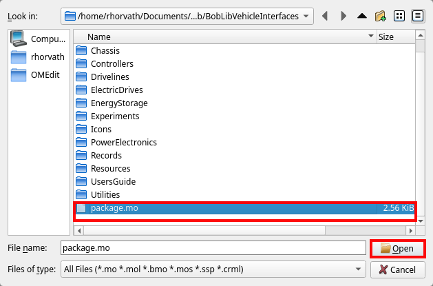 OMEdit file chooser with BobLib package.mo selected