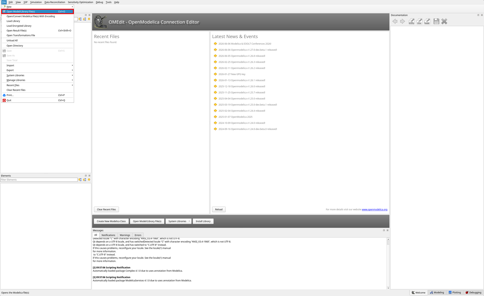 OMEdit File menu with Open Model/Library File(s) highlighted