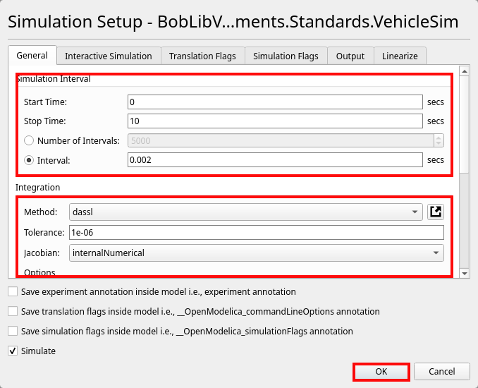 OMEdit Simulation Setup dialog for VehicleSim