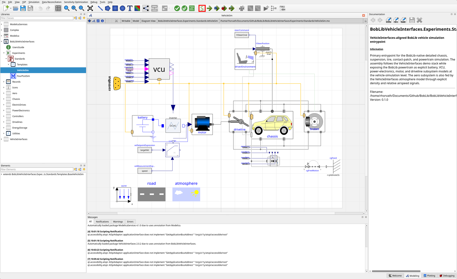 VehicleSim diagram in OMEdit with the Simulation Setup toolbar button highlighted